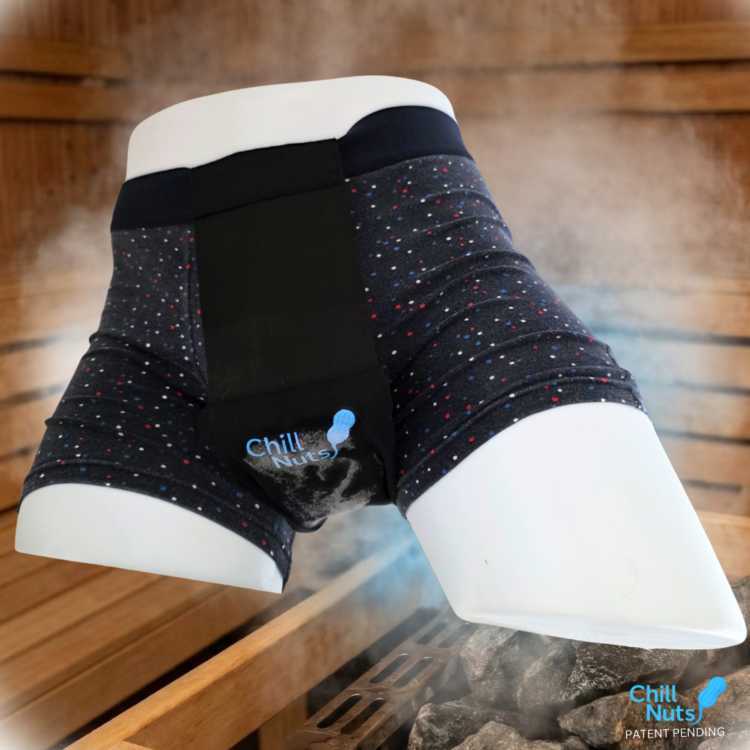 A mannequin wearing underwear with ChillNuts balls cooling ice pack strap with a sauna background 