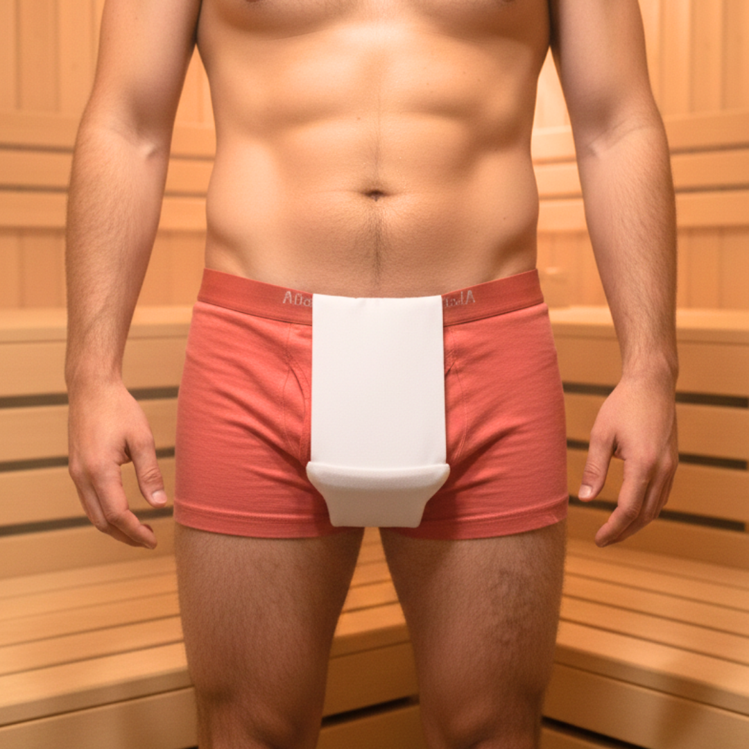 Man standing on a sauna with an ice gel pack used for increasing fertility in man