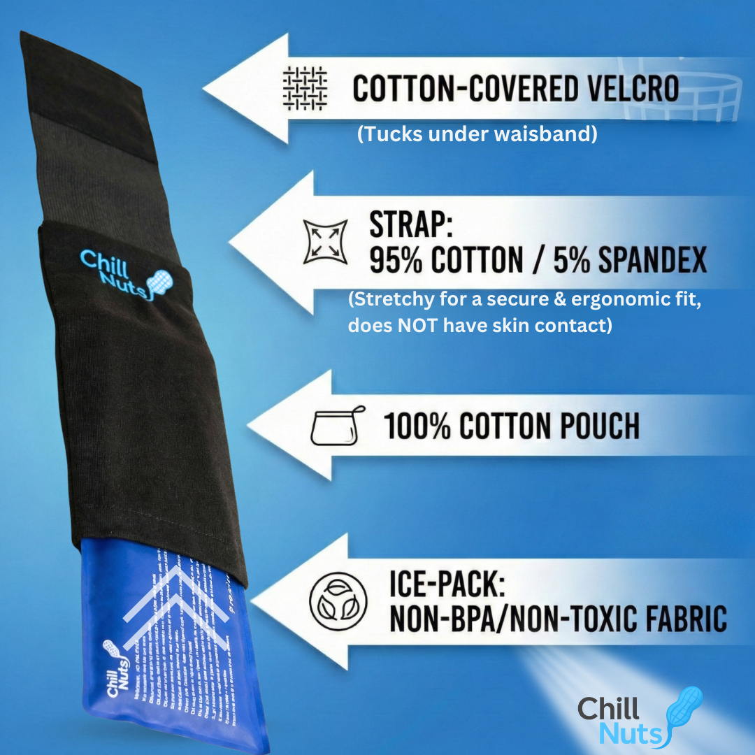 Chill Nuts product with features highlighted on a blue background including that is Non-Toxic and made of 100% cotton