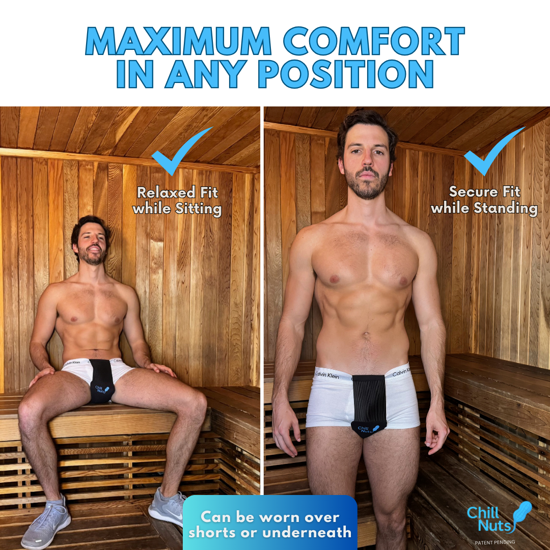 Man wearing a product labeled 'Chill Nuts' for cooling the testicles in a sauna setting, demonstrating comfort in various positions.