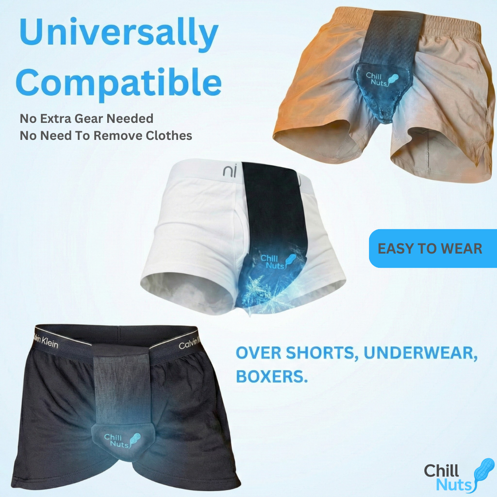 Three pairs of shorts in different colors with 'Chill Nuts' branding on a light blue background. Shows the shorts with the chillnuts icepack installed on them.