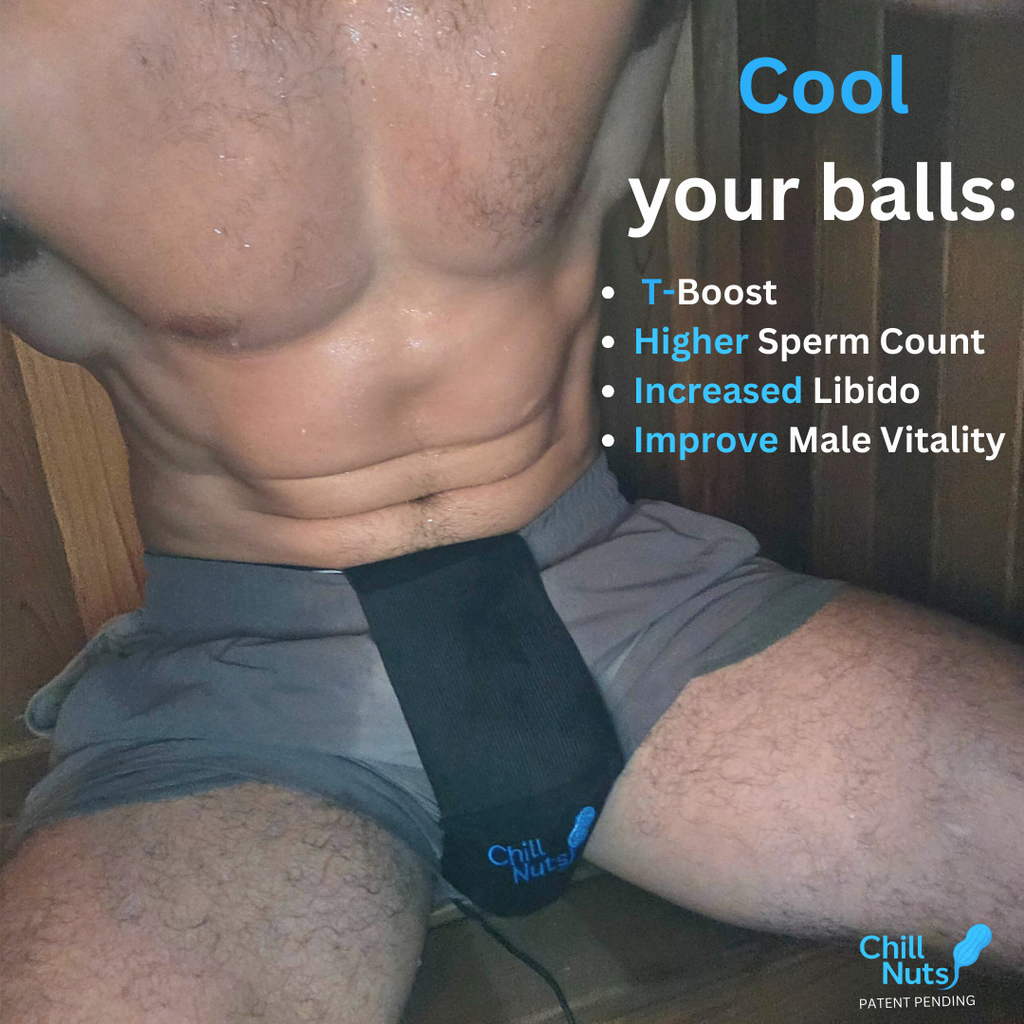 A man wearing chillnuts an icepack for the balls with an overlay of text displaying benefits of icing the balls